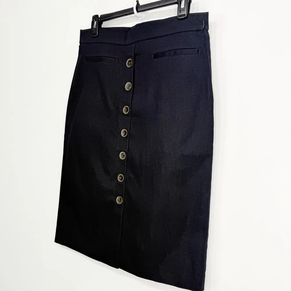 Ann Taylor Factory Blue Black Button Front Preppy Nautical Sailor Midi Skirt